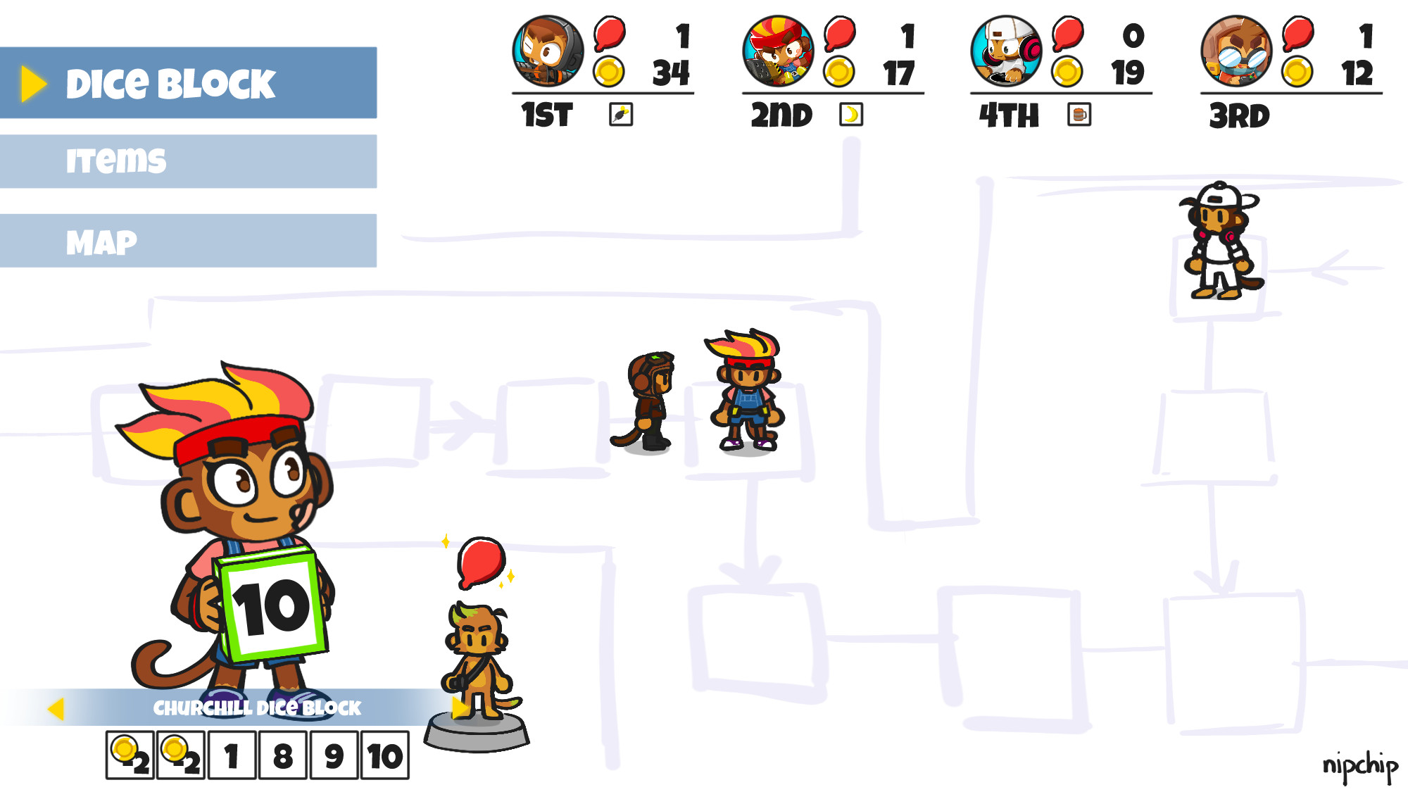 Bloons if it was a Mario Party like spinoff. Gwen, Churchill, and DJ Benjammin are players on the game board. Scoop is standing on a podium with a bloonstone floating above him. Top left: the game's UI with three buttons: 'dice block', 'items' and 'map'. Bottom left: Gwen is holding a large white and green dice block with the '10' side visible. Below her is UI describing the 'Churchill dice block' and its faces (-2 gold, -2 gold, 1, 8, 9, 10). Top right: the players' bloonstones, gold, ranking, and items. Quincy is 1st, Gwen is 2nd, DJ Benjammin is 4th, and Etienne is 3rd.